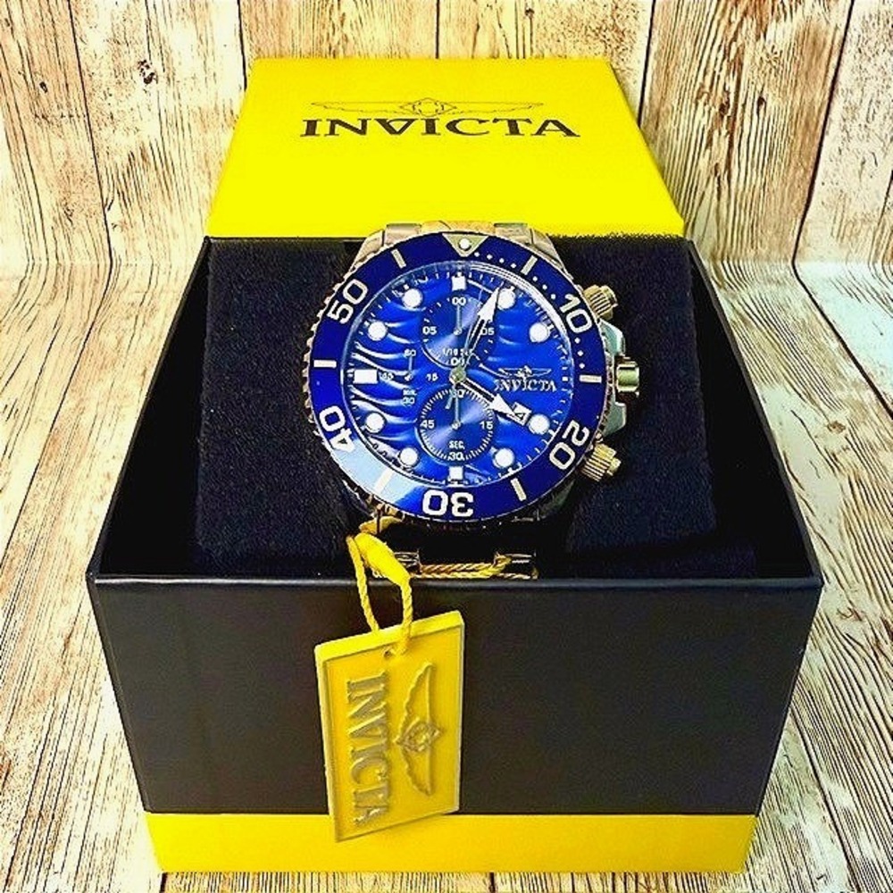 Invicta Pro Diver 50224 Men 53mm Chronograph Watch Blue Gold Silver Two Tone NIB